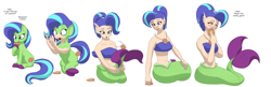 Size: 3844x1250 | Tagged: safe, artist:runningtoaster, oc, oc only, oc:chafine, earth pony, mermaid, pony, bikini, bikini top, clothes, cookie, earth pony oc, food, mermaidized, pony to human, pony to mermaid, simple background, sitting, species swap, surprised, swimsuit, transformation, transformation sequence, white background