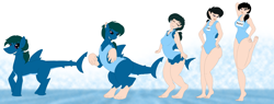 Size: 5261x2000 | Tagged: safe, artist:runningtoaster, human, original species, shark, shark pony, clothes, female, grin, one-piece swimsuit, pony to human, raised hoof, smiling, species swap, swimsuit, transformation, transformation sequence