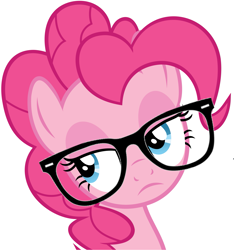 Size: 2543x2715 | Tagged: safe, artist:slb94, edit, pinkie pie, earth pony, pony, g4, hearthbreakers, bust, eyeroll, female, frown, glasses, high res, hipster glasses, reaction image, simple background, solo, unamused, when she doesn't smile