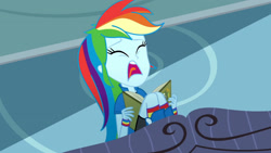 Size: 3410x1920 | Tagged: safe, screencap, rainbow dash, eqg summertime shorts, equestria girls, leaping off the page, book, boots, eyes closed, female, high res, nightmare, open mouth, shoes, solo