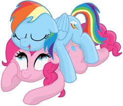 Size: 1622x1402 | Tagged: safe, artist:doodledonutart, pinkie pie, rainbow dash, earth pony, pegasus, pony, g4, cuddling, cute, duo, duo female, eyes closed, female, floppy ears, lesbian, looking up, lying down, lying on top of someone, mare, open mouth, open smile, rainbow dash riding pinkie pie, riding, ship:pinkiedash, shipping, simple background, sleeping, sleepydash, smiling, transparent background