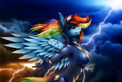 Size: 1080x724 | Tagged: safe, artist:shamziwhite, rainbow dash, pegasus, anthro, g4, bodysuit, breasts, busty rainbow dash, clothes, feather, female, goggles, grin, latex, latex suit, lightning, long hair, sky, smiling, solo, spread wings, standing, thunder, uniform, wind, wings, wonderbolts uniform
