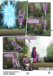 Size: 1000x1415 | Tagged: safe, artist:deroach, twilight sparkle, oc, oc:daylight, human, comic:tales from equestria part 1, equestria project humanized, g4, clothes, comic, cutie mark, cutie mark on clothes, everfree forest, humanized, lightning, sunrise, tinyface, twilight sparkle (alicorn), winged humanization, wings