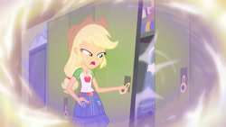 Size: 3410x1920 | Tagged: safe, screencap, applejack, equestria girls, g4, my little pony equestria girls: better together, overpowered (equestria girls), applejack's hat, belt, clothes, cowboy hat, cutie mark, cutie mark on clothes, denim skirt, female, geode of super strength, hat, high res, jewelry, lockers, magical geodes, necklace, open mouth, skirt, solo