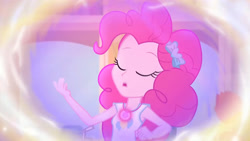 Size: 3410x1920 | Tagged: safe, screencap, pinkie pie, equestria girls, g4, my little pony equestria girls: better together, overpowered (equestria girls), clothes, cutie mark, cutie mark on clothes, eyes closed, female, geode of sugar bombs, high res, jewelry, magical geodes, necklace, open mouth, solo, tank top