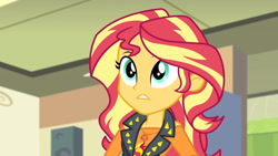 Size: 3410x1920 | Tagged: safe, screencap, sunset shimmer, equestria girls, g4, my little pony equestria girls: better together, overpowered (equestria girls), clothes, cutie mark, cutie mark on clothes, female, geode of empathy, high res, jacket, jewelry, leather, leather jacket, magical geodes, necklace, solo