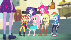 Size: 3410x1920 | Tagged: safe, screencap, applejack, fluttershy, pinkie pie, rainbow dash, rarity, sci-twi, sunset shimmer, twilight sparkle, equestria girls, equestria girls series, g4, overpowered (equestria girls), belt, boots, clothes, converse, cowboy boots, cutie mark, cutie mark on clothes, denim skirt, female, geode of empathy, geode of fauna, geode of shielding, geode of sugar bombs, geode of super speed, geode of super strength, hairpin, high heels, high res, hoodie, humane five, humane seven, humane six, jewelry, legs, magical geodes, necklace, rarity peplum dress, sandals, shoes, skirt, smiling, sneakers, tank top