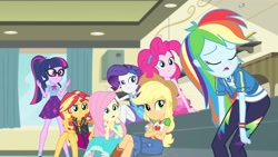 Size: 3410x1920 | Tagged: safe, screencap, applejack, fluttershy, pinkie pie, rainbow dash, rarity, sci-twi, sunset shimmer, twilight sparkle, equestria girls, g4, my little pony equestria girls: better together, overpowered (equestria girls), boots, bowtie, clothes, cowboy boots, crossed arms, cutie mark, cutie mark on clothes, denim skirt, eyes closed, female, geode of empathy, geode of shielding, geode of super speed, geode of super strength, geode of telekinesis, glasses, hairpin, high res, hoodie, humane five, humane seven, humane six, jewelry, legs, magical geodes, necklace, open mouth, ponytail, rarity peplum dress, shoes, skirt, tank top