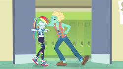 Size: 3410x1920 | Tagged: safe, screencap, rainbow dash, zephyr breeze, equestria girls, g4, my little pony equestria girls: better together, overpowered (equestria girls), ankles, clothes, converse, cutie mark, cutie mark on clothes, eyes closed, female, geode of super speed, high res, hoodie, jewelry, lockers, magical geodes, male, necklace, open mouth, shoes, sneakers