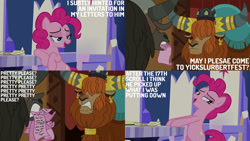 Size: 1280x720 | Tagged: safe, edit, edited screencap, editor:quoterific, screencap, pinkie pie, prince rutherford, earth pony, pony, yak, g4, not asking for trouble, season 7, 17, bipedal, female, male, mare, mouth hold, open mouth, smug, smugpie, twilight's castle