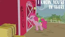 Size: 1280x720 | Tagged: safe, edit, edited screencap, editor:quoterific, screencap, gummy, pinkie pie, alligator, earth pony, pony, g4, party of one, season 1, eyes closed, female, hay, hay bale, knocking, male, mare, sweet apple acres