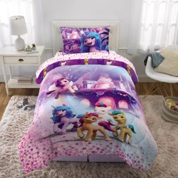 Size: 1500x1500 | Tagged: safe, hitch trailblazer, izzy moonbow, pipp petals, sunny starscout, zipp storm, earth pony, pegasus, pony, unicorn, g5, official, bed, bedsheets, blanket, bridlewood, female, male, mane five, mare, merchandise, pillow, stallion