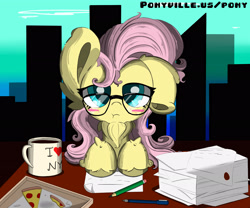 Size: 3000x2500 | Tagged: safe, artist:hisp, fluttershy, pegasus, pony, g4, blushing, city, coffee mug, cute, desk, female, fluffy, food, frown, glasses, high res, long hair, looking at you, mare, mug, neck fluff, office, one ear down, paperwork, pencil, pizza, pizza box, shyabetes, solo, tired, url, working