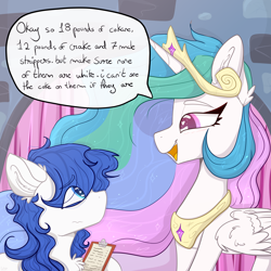 Size: 4000x4000 | Tagged: safe, artist:tizhonolulu, princess celestia, alicorn, earth pony, pony, g4, clipboard, crown, dialogue, duo, eye clipping through hair, female, implied drug use, implied stripping, jewelry, looking at each other, male, mare, master chief and luna hanging out, meme, misspelling, notepad, redraw, regalia, speech bubble, stallion, text