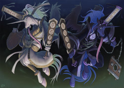Size: 1200x852 | Tagged: safe, artist:loupgarou, princess celestia, princess luna, alicorn, anthro, unguligrade anthro, g4, cangue, chains, chinese, clothes, dress, duo, grim reaper, hand fan, hat, heibai wuchang, hoers, long tongue, sign, stocks, tongue out, writing