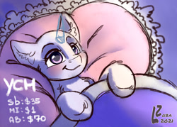 Size: 1400x1000 | Tagged: safe, artist:zobaloba, alicorn, earth pony, pegasus, pony, unicorn, any gender, any species, auction, bed, candy, commission, dream, food, sleeping, solo, sweets, your character here