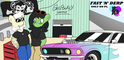 Size: 5209x2550 | Tagged: safe, artist:sparkfler85, derpibooru exclusive, oc, oc only, oc:el gordo, oc:filly anon, anthro, beard, bracelet, breasts, car, clothes, engine, facial hair, fake beard, fast 'n' loud, female, filly, ford, ford mustang, garage, gas monkey garage, jewelry, male, mare, necklace, pants, parody, ponylatino, shirt, skull, sunglasses, supercharger, tattoo, toolbox, v8, wrench