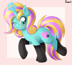 Size: 4000x3600 | Tagged: safe, artist:ziemniax, edit, oc, oc only, pony, unicorn, blushing, clothes, cute, cutie mark, drawthread, female, horn, looking back, magic, mare, one eye closed, simple background, socks, solo, stockings, thigh highs, wink