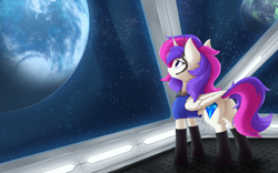 Size: 2982x1863 | Tagged: safe, artist:wolfypon, oc, oc only, alicorn, pony, alicorn oc, boots, butt, female, headphones, horn, mare, planet, plot, shoes, solo, space, spaceship, wings