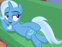 Size: 1320x1004 | Tagged: safe, screencap, trixie, pony, unicorn, road to friendship, season 8, spoiler:s08, couch, cropped, draw me like one of your french girls, female, lying down, mare, prone, solo, stupid sexy trixie