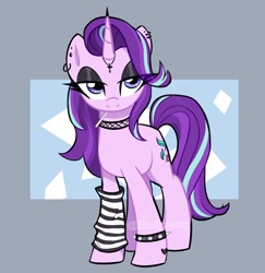 Size: 1620x1665 | Tagged: safe, artist:aanotherpony, starlight glimmer, pony, unicorn, g4, candy, choker, clothes, cross, ear piercing, edgelight glimmer, edgy, emo, eyeshadow, food, glimmer goth, leg warmers, lidded eyes, lollipop, makeup, piercing, punk, solo, spiked wristband, wristband