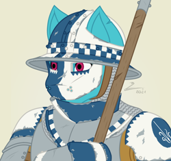Size: 1000x940 | Tagged: safe, artist:lumino010, oc, oc only, earth pony, anthro, armor, bust, face mask, helmet, looking away, mask, portrait, simple background, solo, spear, weapon
