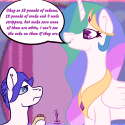 Size: 3072x3072 | Tagged: safe, artist:piropie, princess celestia, alicorn, earth pony, pony, g4, background pony, clipboard, duo, female, high res, hoof hold, implied drug use, implied stripping, male, mare, master chief and luna hanging out, meme, misspelling, redraw, signature, speech bubble, stallion, text