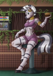 Size: 1420x2025 | Tagged: safe, artist:anadukune, zecora, zebra, anthro, unguligrade anthro, g4, abs, bike shorts, burger, clothes, commission, diner, female, food, looking at you, sandwich, shorts, solo, stool, tank top, veggie burger, vending machine