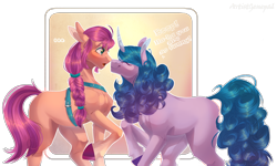 Size: 2500x1500 | Tagged: safe, artist:artistgenepal, izzy moonbow, sunny starscout, earth pony, pony, unicorn, g5, my little pony: a new generation, blushing, boop, curved horn, cute, dialogue, eyes closed, female, gradient background, horn, izzybetes, mare, noseboop, scene interpretation, simple background, transparent background