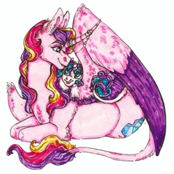 Size: 1023x1023 | Tagged: safe, artist:joakimdit, artist:skior, princess cadance, princess flurry heart, pony, g4, female, mother and child, mother and daughter, simple background, traditional art, two toned wings, white background, wings