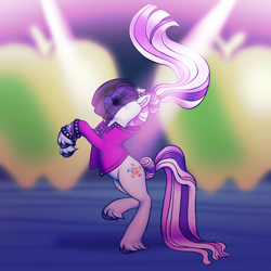 Size: 1846x1846 | Tagged: safe, artist:immunefox, coloratura, earth pony, pony, g4, season 5, the mane attraction, clothes, countess coloratura, cutie mark, digital art, fanart, hair flip, performance, procreate app, rearing, side view, solo, stage