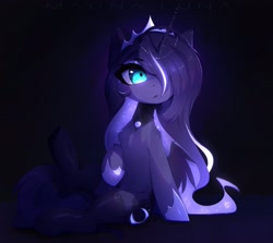 Size: 2302x2052 | Tagged: safe, artist:magnaluna, princess luna, alicorn, pony, chest fluff, clothes, crown, hair over one eye, high res, hoof shoes, jewelry, looking at you, regalia, socks, solo, stockings, thigh highs