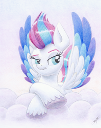 Size: 3120x3930 | Tagged: safe, artist:xeviousgreenii, zipp storm, pegasus, pony, g5, cloud, crossover, female, high res, mare, mona lisa, smiling, smirk, solo, spread wings, traditional art, unshorn fetlocks, wings, zippsmirk