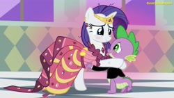 Size: 3640x2048 | Tagged: safe, artist:georgegarza01, rarity, spike, dragon, pony, unicorn, g4, after the gala, clothes, dancing, dress, duo, female, gala dress, high res, male, mare, rarity's first gala dress, ship:sparity, shipping, show accurate, slow dancing, straight