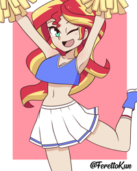 Size: 1000x1250 | Tagged: safe, artist:ferettokun, sunset shimmer, equestria girls, g4, armpits, belly button, cheerleader, cheerleader outfit, clothes, female, midriff, one eye closed, solo, wink