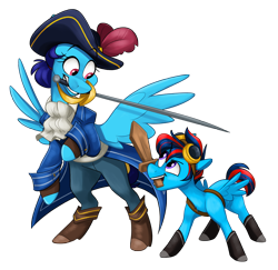 Size: 3052x2970 | Tagged: safe, artist:luximus17, oc, oc only, oc:andrew swiftwing, oc:blue angel, oc:swift sail, pegasus, pony, alternate universe, boots, clothes, coat, fantasy class, feather, female, goggles, hair bun, hat, high res, male, mother and child, mother and son, rapier, shoes, simple background, sword, transparent background, weapon, wings