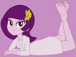 Size: 1350x1006 | Tagged: safe, artist:grapefruitfacebases, artist:jadeharmony, pipp petals, equestria girls, g4, g5, barefoot, base used, bedroom eyes, clothes, coat, equestria girls-ified, eyeshadow, feet, female, g5 to equestria girls, g5 to g4, generation leap, makeup, purple background, red eyes, red-eyed pipp, shirt, simple background, soles, solo, the pose