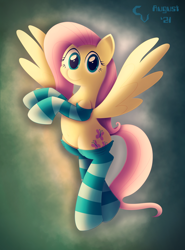 Size: 3720x5034 | Tagged: safe, artist:cosmikvek, fluttershy, pegasus, pony, g4, absurd resolution, aerial view, belly button, clothes, cloud, cute, daaaaaaaaaaaw, female, flying, looking at you, lying down, mare, shyabetes, smiling, smiling at you, socks, solo, spread wings, striped socks, thigh highs, wings