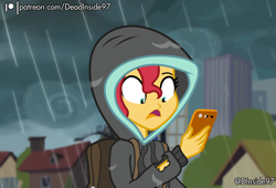 Size: 2800x1900 | Tagged: safe, artist:deadinside97, part of a set, sunset shimmer, equestria girls, g4, acid rain, backpack, cellphone, clothes, disappearing clothes, hoodie, open mouth, patreon, phone, rain, redraw, show accurate