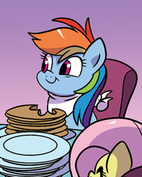 Size: 480x600 | Tagged: safe, artist:nanook123, idw, fluttershy, rainbow dash, pegasus, pony, g4, chair, cropped, cute, dashabetes, food, free comic book day, pancakes, plate, smiling, solo focus, stack of plates
