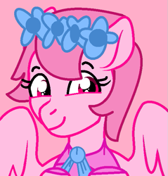 Size: 557x582 | Tagged: safe, artist:jadeharmony, artist:unoriginai, oc, oc only, oc:metaru scarlet, pegasus, pony, base used, bowtie, clothes, cute, female, filly, floral head wreath, flower, pink, pink background, shirt, simple background, solo