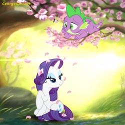 Size: 2048x2048 | Tagged: safe, artist:georgegarza01, edit, rarity, spike, dragon, pony, unicorn, g4, bambi, beautiful, bedroom eyes, cherry blossoms, female, flower, flower blossom, flower in hair, forest, high res, interspecies, lidded eyes, love, male, romantic, ship:sparity, shipping, show accurate, straight, tree, tree branch, winged spike, wings