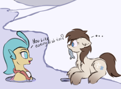 Size: 4200x3073 | Tagged: safe, artist:vetta, princess skystar, oc, oc:frosty flakes, earth pony, fish, pony, seapony (g4), yakutian horse, g4, my little pony: the movie, ..., blue eyes, brown mane, chest fluff, cute, ear fluff, female, floppy ears, fluffy, freckles, hoof fluff, ice, jewelry, leg fluff, looking at each other, mare, mouth hold, necklace, no pupils, open mouth, pearl necklace, shoulder fluff, smiling, snow, snow mare, water, wide eyes