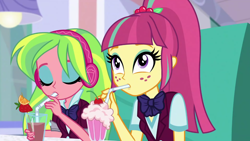 Size: 1920x1080 | Tagged: safe, screencap, lemon zest, sour sweet, equestria girls, equestria girls specials, g4, my little pony equestria girls: dance magic, 1080p, cherry, drink, drinking, drinking glass, drinking straw, eyes closed, food, glass, milkshake, strawberry