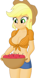 Size: 1300x2552 | Tagged: safe, artist:ah96, edit, editor:ah96, applejack, equestria girls, g4, apple, belly button, breast edit, breasts, busty applejack, cleavage, female, food, front knot midriff, midriff, ms paint, shading, simple background, transparent background