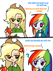 Size: 650x867 | Tagged: dead source, safe, artist:黄色方砖砖, applejack, rainbow dash, human, equestria girls, g4, comic, cross-popping veins, female, humanized, lesbian, question mark, ship:appledash, shipping, silly, silly pony, simple background, translation, who's a silly pony