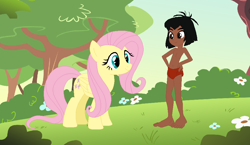 Size: 956x554 | Tagged: safe, artist:ocean lover, artist:selenaede, fluttershy, human, equestria girls, g4, barefoot, base used, belly, belly button, bush, chest, disney, equestria girls-ified, everfree forest, feet, flower, forest, grass, hand on hip, jungle book, leaves, loincloth, mowgli, sky, tree