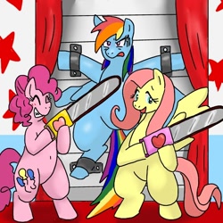 Size: 600x600 | Tagged: safe, artist:kushina13, fluttershy, pinkie pie, rainbow dash, earth pony, pegasus, pony, .mov, fanfic:cupcakes, shed.mov, g4, belly button, bipedal, blushing, bondage, chainsaw, eyes closed, female, grin, implied death, implied murder, mare, open mouth, restrained, smiling, sweat, this will end in death, unsexy bondage
