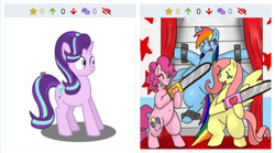 Size: 1124x623 | Tagged: safe, artist:banquo0, artist:kushina13, edit, fluttershy, pinkie pie, rainbow dash, starlight glimmer, earth pony, pegasus, pony, unicorn, derpibooru, fanfic:cupcakes, g4, bipedal, chainsaw, grin, juxtaposition, meta, restrained, smiling, this will end in death, this will end in pain