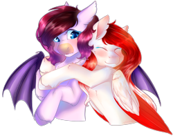 Size: 2266x1812 | Tagged: safe, artist:mantequia, artist:mantequía, oc, oc only, oc:bree berry, oc:making amends, bat pony, pegasus, pony, colored wings, duo, hug, simple background, transparent background, two toned wings, wings